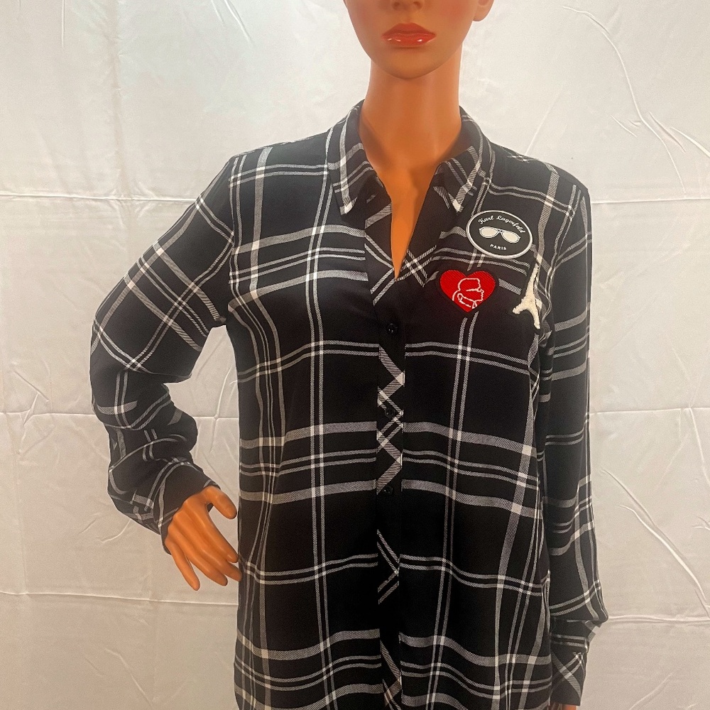 Karl Lagerfeld long-sleeve flannel shirt with fun patches size S